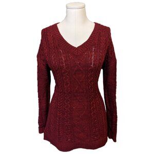 Womens Faded Glory Red Glitter Cable Knit V-Neck Sweater Holiday Jumper Cozy L